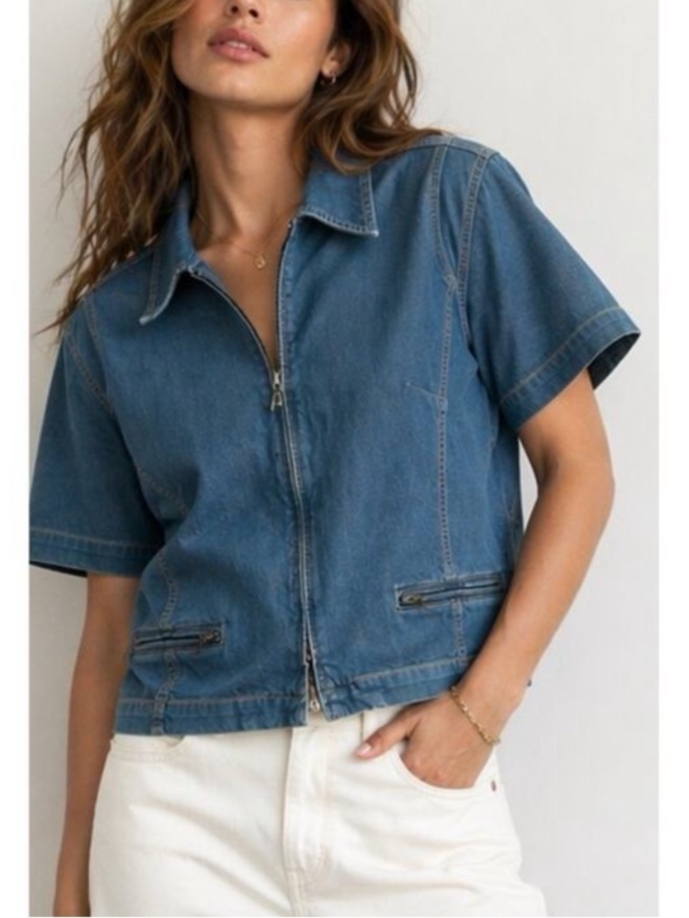 Liz Claiborne Denim Zip Top Women Petite 2 Cropped Blue Shirt Jacket 90s Vtg